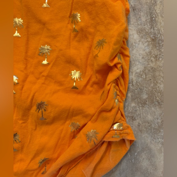 Lane Bryant Orange Side Ruched V Neck Top With Gold Foil Palm Trees Size 1X - Picture 2 of 5